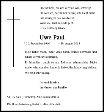 Anzeige von Uwe Paul von Kölner Stadt-Anzeiger / Kölnische Rundschau / Express