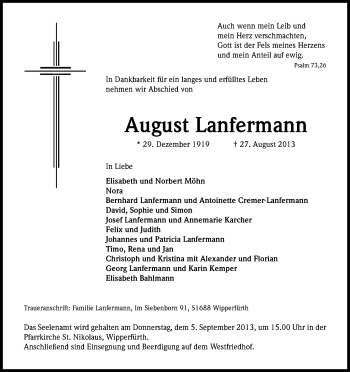Anzeige von August Lanfermann von Kölner Stadt-Anzeiger / Kölnische Rundschau / Express