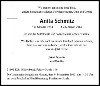 Anzeige von Anita Schmitz von Kölner Stadt-Anzeiger / Kölnische Rundschau / Express