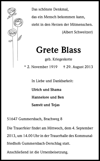 Anzeige von Grete Blass von Kölner Stadt-Anzeiger / Kölnische Rundschau / Express
