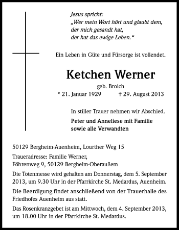 Anzeige von Ketchen Werner von Kölner Stadt-Anzeiger / Kölnische Rundschau / Express