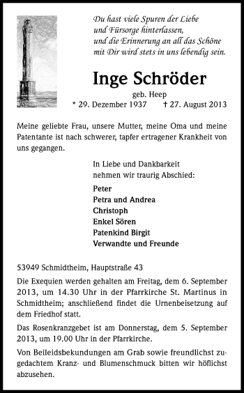 Anzeige von Inge Schröder von Kölner Stadt-Anzeiger / Kölnische Rundschau / Express