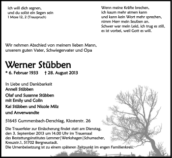 Anzeige von Werner Stübben von Kölner Stadt-Anzeiger / Kölnische Rundschau / Express