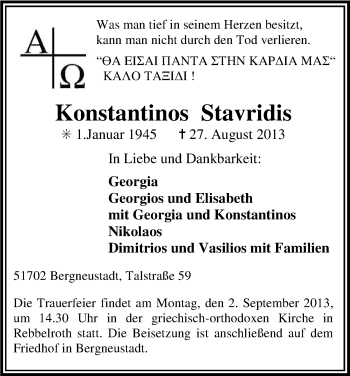Anzeige von Konstantinos Stavridis von Kölner Stadt-Anzeiger / Kölnische Rundschau / Express