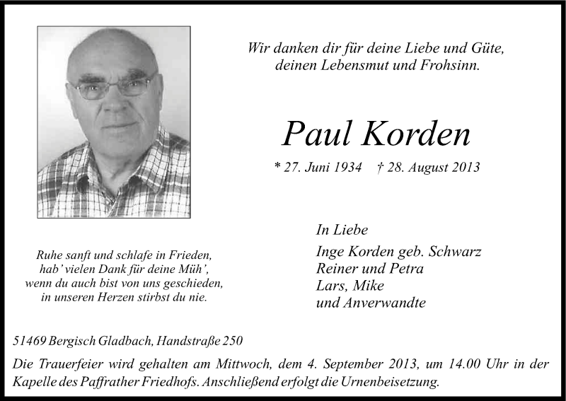  Traueranzeige für Paul Korden vom 31.08.2013 aus Kölner Stadt-Anzeiger / Kölnische Rundschau / Express