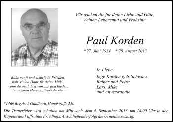 Anzeige von Paul Korden von Kölner Stadt-Anzeiger / Kölnische Rundschau / Express
