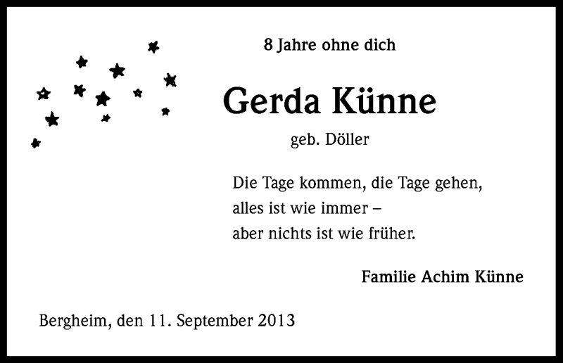  Traueranzeige für Gerda Künne vom 11.09.2013 aus Kölner Stadt-Anzeiger / Kölnische Rundschau / Express