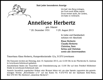 Anzeige von Anneliese Herbertz von Kölner Stadt-Anzeiger / Kölnische Rundschau / Express