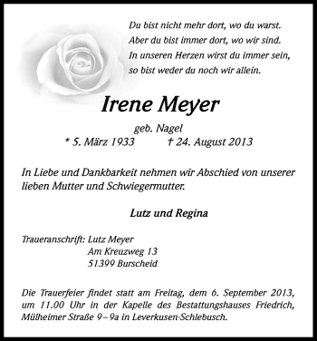 Anzeige von Irene Meyer von Kölner Stadt-Anzeiger / Kölnische Rundschau / Express