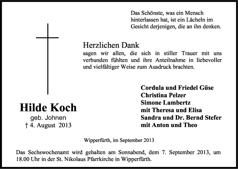  Traueranzeige für Hilde Koch vom 04.09.2013 aus Kölner Stadt-Anzeiger / Kölnische Rundschau / Express