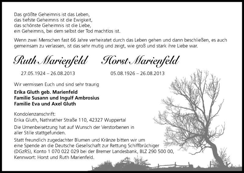  Traueranzeige für Ruth und Horst Marienfeld vom 07.09.2013 aus Kölner Stadt-Anzeiger / Kölnische Rundschau / Express