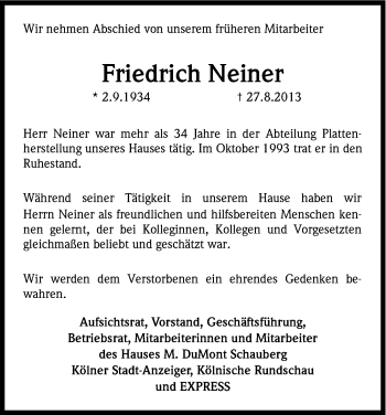 Anzeige von Friedrich Neiner von Kölner Stadt-Anzeiger / Kölnische Rundschau / Express