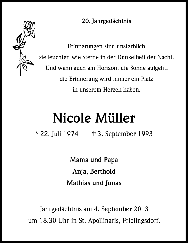  Traueranzeige für Nicole Müller vom 03.09.2013 aus Kölner Stadt-Anzeiger / Kölnische Rundschau / Express