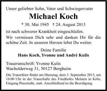 Anzeige von Michael Koch von Kölner Stadt-Anzeiger / Kölnische Rundschau / Express