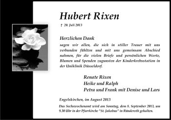Anzeige von Hubert Rixen von Kölner Stadt-Anzeiger / Kölnische Rundschau / Express