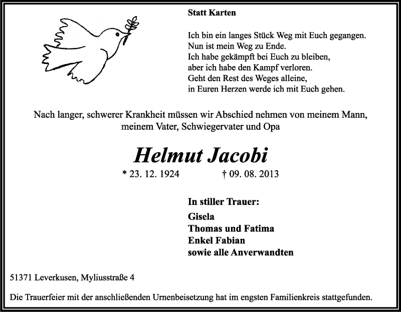  Traueranzeige für Helmut Jacobi vom 31.08.2013 aus Kölner Stadt-Anzeiger / Kölnische Rundschau / Express