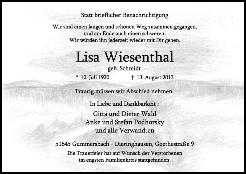  Traueranzeige für Lisa Wiesenthal vom 31.08.2013 aus Kölner Stadt-Anzeiger / Kölnische Rundschau / Express