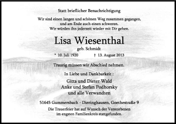 Anzeige von Lisa Wiesenthal von Kölner Stadt-Anzeiger / Kölnische Rundschau / Express