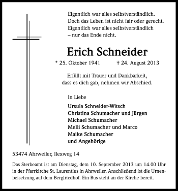 Anzeige von Erich Schneider von Kölner Stadt-Anzeiger / Kölnische Rundschau / Express