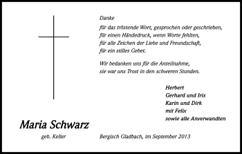 Anzeige von Maria Schwarz von Kölner Stadt-Anzeiger / Kölnische Rundschau / Express