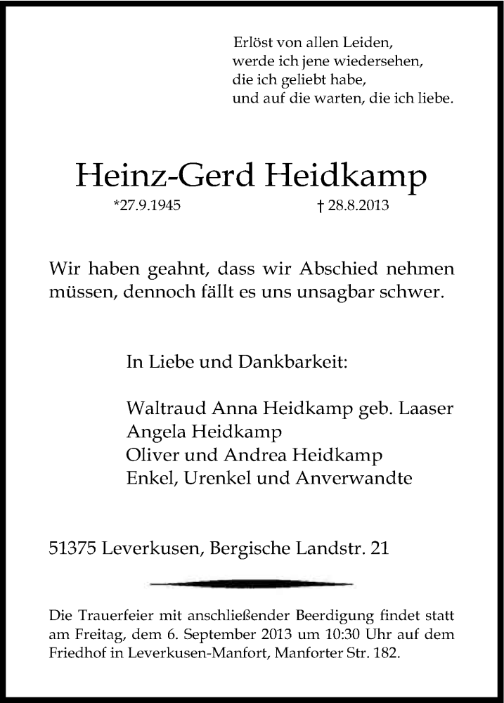  Traueranzeige für Heinz-Gerd Heidkamp vom 02.09.2013 aus Kölner Stadt-Anzeiger / Kölnische Rundschau / Express
