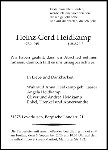 Anzeige von Heinz-Gerd Heidkamp von Kölner Stadt-Anzeiger / Kölnische Rundschau / Express