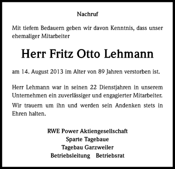 Anzeige von Fritz Otto Lehmann von Kölner Stadt-Anzeiger / Kölnische Rundschau / Express