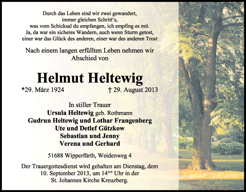  Traueranzeige für Helmut Heltewig vom 31.08.2013 aus Kölner Stadt-Anzeiger / Kölnische Rundschau / Express