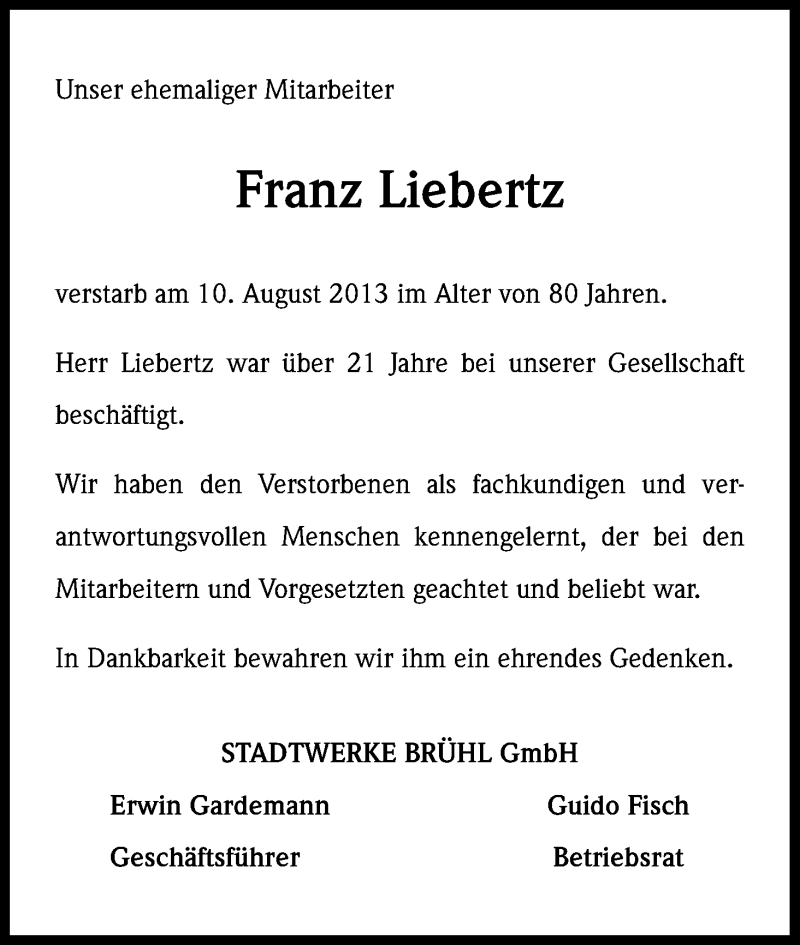  Traueranzeige für Franz Liebertz vom 04.09.2013 aus Kölner Stadt-Anzeiger / Kölnische Rundschau / Express