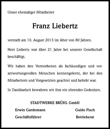 Anzeige von Franz Liebertz von Kölner Stadt-Anzeiger / Kölnische Rundschau / Express