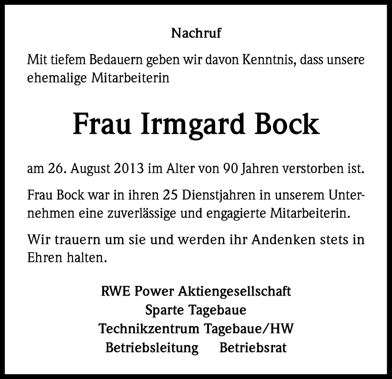  Traueranzeige für Irmgard Bock vom 03.09.2013 aus Kölner Stadt-Anzeiger / Kölnische Rundschau / Express