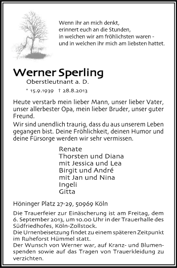Anzeige von Werner Sperling von Kölner Stadt-Anzeiger / Kölnische Rundschau / Express