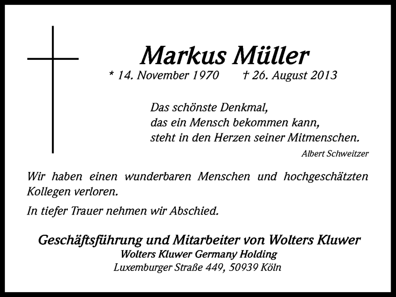  Traueranzeige für Markus Müller vom 02.09.2013 aus Kölner Stadt-Anzeiger / Kölnische Rundschau / Express