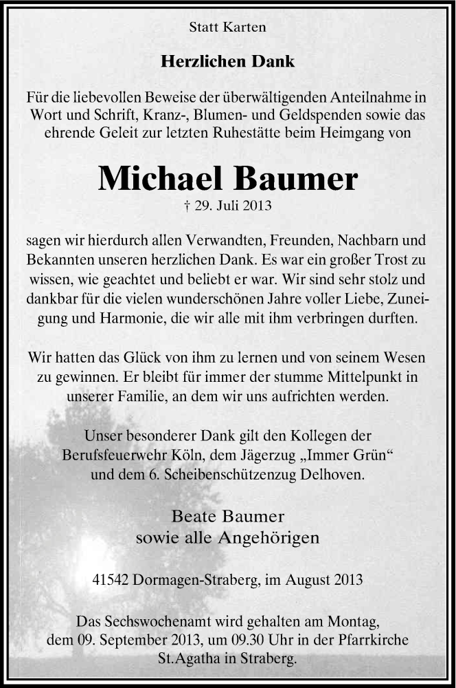  Traueranzeige für Michael Baumer vom 04.09.2013 aus Kölner Stadt-Anzeiger / Kölnische Rundschau / Express