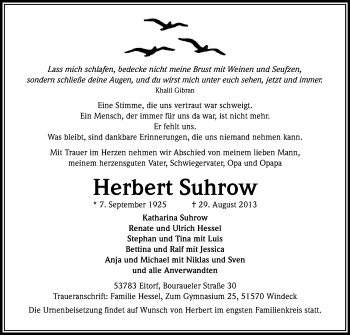 Anzeige von Herbert Suhrow von Kölner Stadt-Anzeiger / Kölnische Rundschau / Express