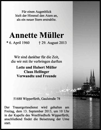 Anzeige von Annette Müller von Kölner Stadt-Anzeiger / Kölnische Rundschau / Express