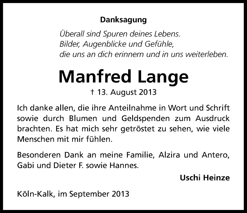  Traueranzeige für Manfred Lange vom 07.09.2013 aus Kölner Stadt-Anzeiger / Kölnische Rundschau / Express