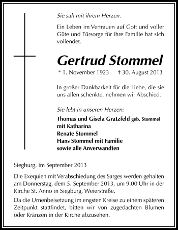 Anzeige von Gertrud Stommel von Kölner Stadt-Anzeiger / Kölnische Rundschau / Express