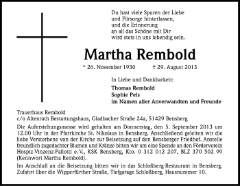 Anzeige von Martha Rembold von Kölner Stadt-Anzeiger / Kölnische Rundschau / Express