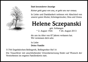 Anzeige von Helene Szepanski von Kölner Stadt-Anzeiger / Kölnische Rundschau / Express