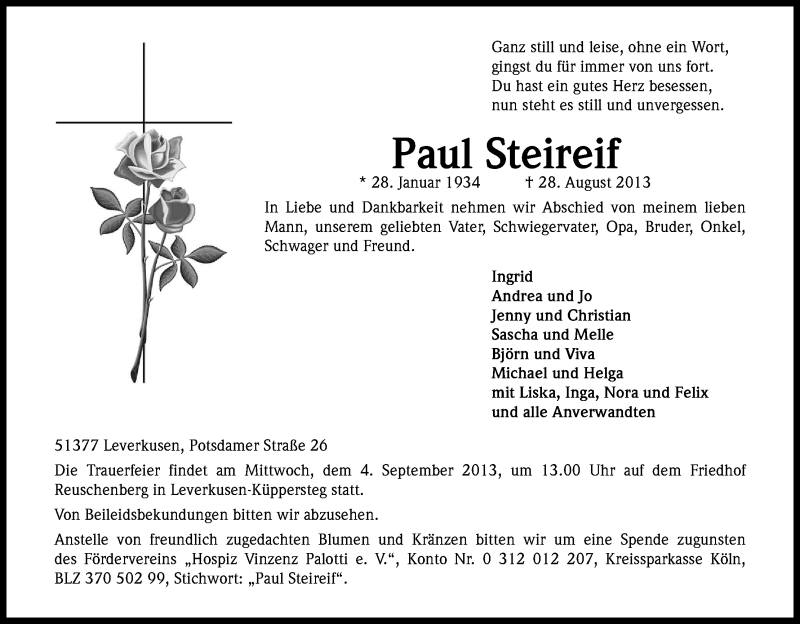  Traueranzeige für Paul Steireif vom 03.09.2013 aus Kölner Stadt-Anzeiger / Kölnische Rundschau / Express