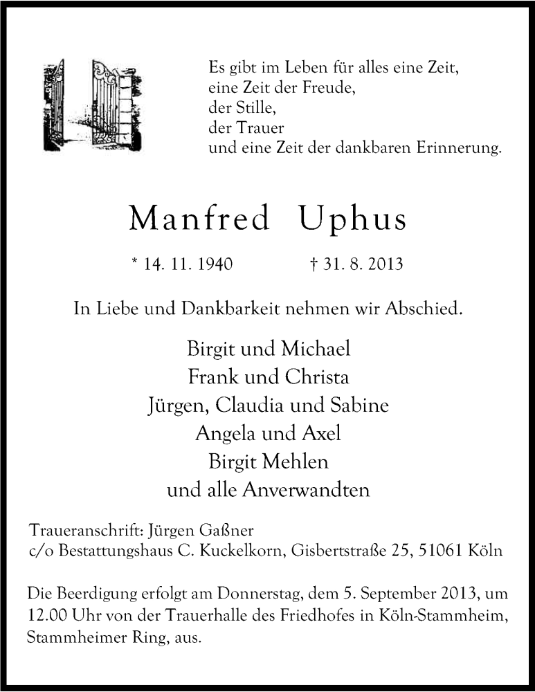  Traueranzeige für Manfred Uphus vom 03.09.2013 aus Kölner Stadt-Anzeiger / Kölnische Rundschau / Express