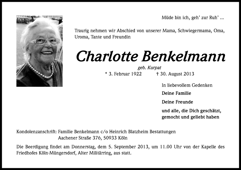  Traueranzeige für Charlotte Benkelmann vom 04.09.2013 aus Kölner Stadt-Anzeiger / Kölnische Rundschau / Express