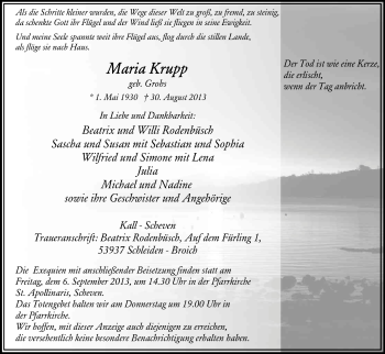 Anzeige von Maria Krupp von Kölner Stadt-Anzeiger / Kölnische Rundschau / Express