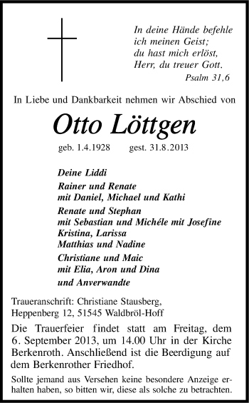 Anzeige von Otto Löttgen von Kölner Stadt-Anzeiger / Kölnische Rundschau / Express