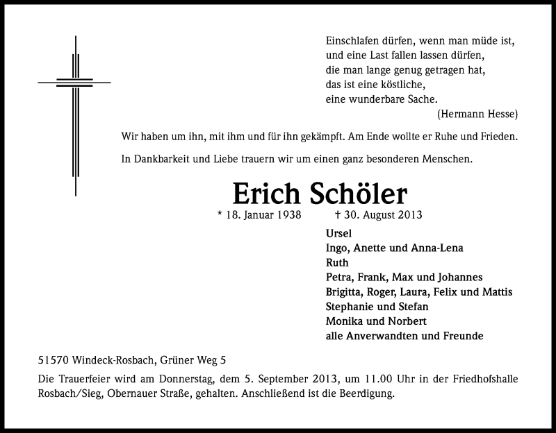  Traueranzeige für Erich Schöler vom 03.09.2013 aus Kölner Stadt-Anzeiger / Kölnische Rundschau / Express