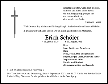 Anzeige von Erich Schöler von Kölner Stadt-Anzeiger / Kölnische Rundschau / Express