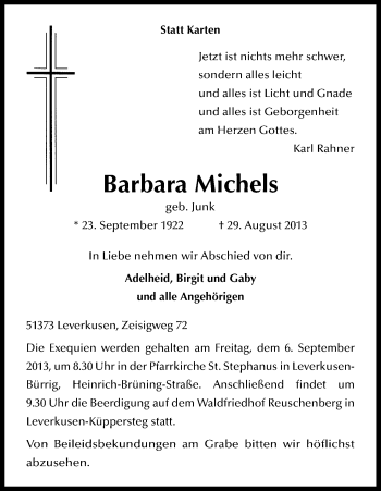 Anzeige von Barbara Michels von Kölner Stadt-Anzeiger / Kölnische Rundschau / Express