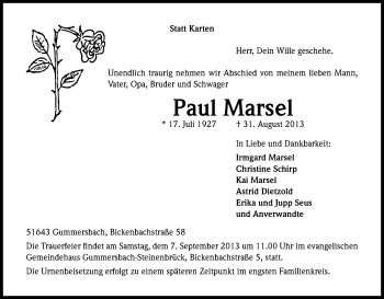 Anzeige von Paul Marsel von Kölner Stadt-Anzeiger / Kölnische Rundschau / Express
