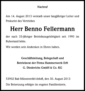 Anzeige von Benno Fellermann von Kölner Stadt-Anzeiger / Kölnische Rundschau / Express